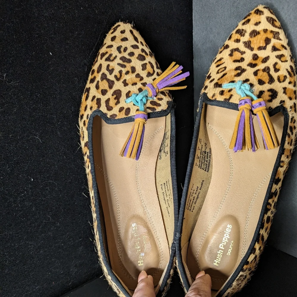 Hush Puppies NWOT 7 cheetah print genuine fur colorful tassel slip on loafers‎